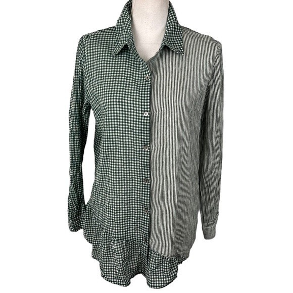 LOGO by Lori Goldstein Green Gingham Striped Ruffled Button Up Long Sleeve Small - Picture 1 of 14